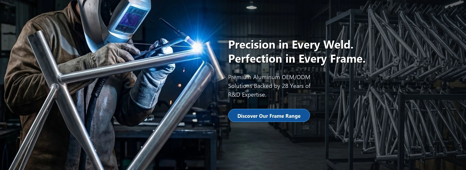 Professional welding of an aluminum alloy bicycle frame at ALU-MATE OEM ODM manufacturing facility